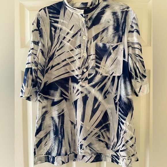 Lafayette 148 New York Cecilia Tunic Top Blouse Shirt Navy White Sz Medi…